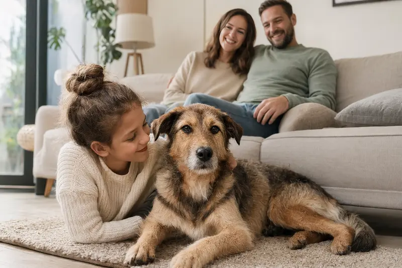 Ein freundlicher Combai Hund entspannt neben einem Kind im Wohnzimmer