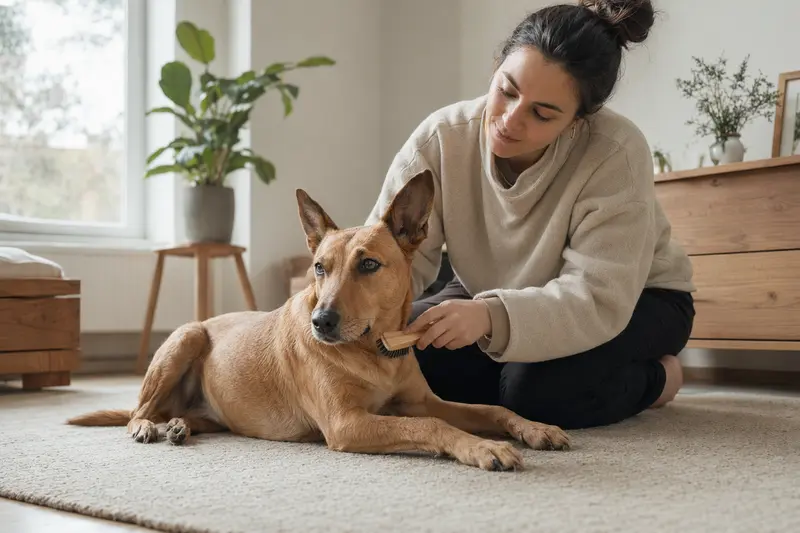 Ein Combai Hund wird zuhause von seinem Besitzer sanft gebürstet und gepflegt.