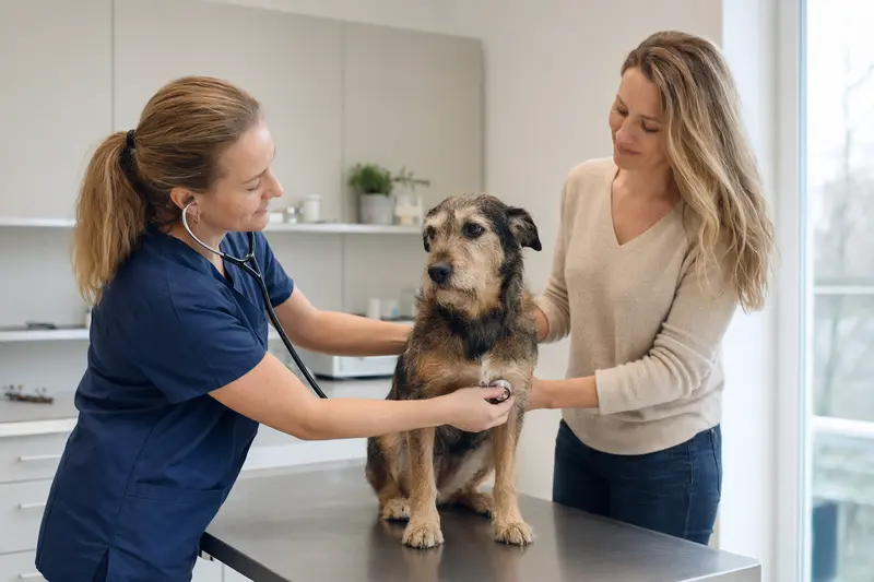 Ein ruhiger Combai Hund wird von einer freundlichen Tierärztin in einer modernen Tierarztpraxis mit einem Stethoskop untersucht.