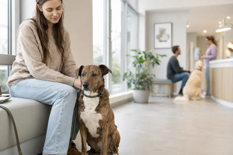 Ein Combai Hund sitzt ruhig neben seinem Besitzer im hellen Wartezimmer einer modernen Tierarztpraxis.