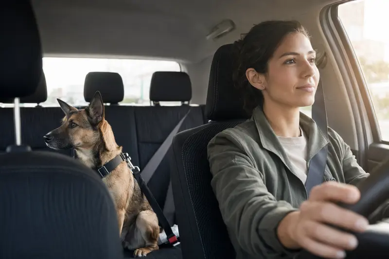 Ein Combai Hund sitzt sicher angeschnallt auf der Rückbank eines Autos bei Sonnenlicht.