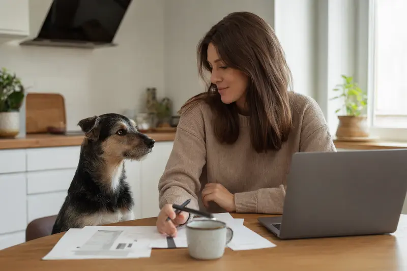 Ein ruhiger Combai Hund sitzt neben seinem Besitzer am Küchentisch, umgeben von Versicherungsunterlagen und einem Laptop.