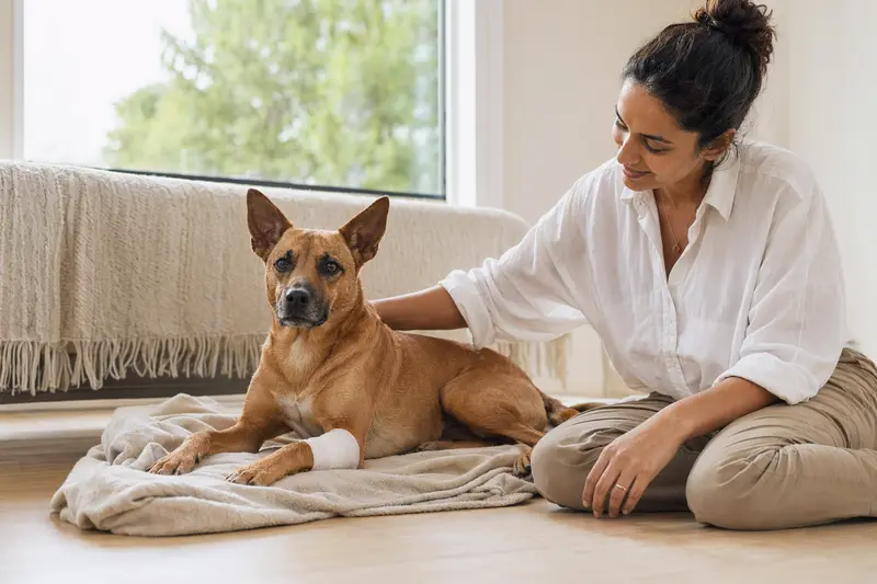 Ein Combai Hund mit leichtem Verband an der Pfote liegt ruhig auf einer Decke, während sein Besitzer erleichtert neben ihm sitzt.