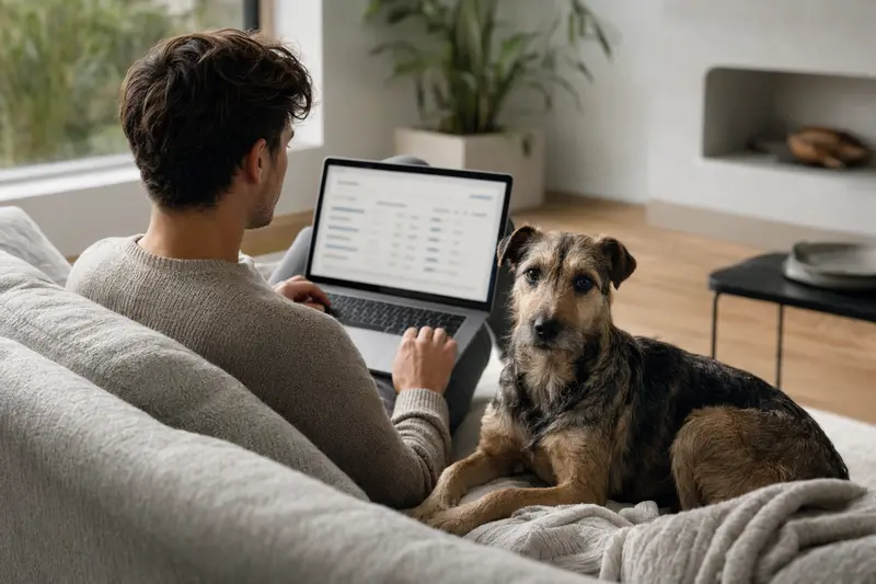 Ein Besitzer mit Laptop auf dem Sofa neben einem Combai Hund, dargestellt in einer hellen Wohnung, symbolisiert die einfache Entscheidung für Tierversicherung.
