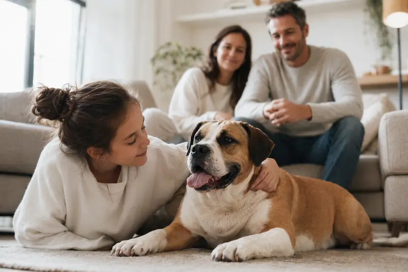 Ein entspannter Continental Bulldog liegt neben einem Kind im Wohnzimmer und schafft eine vertrauensvolle Familienatmosphäre.