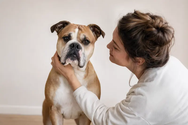 Ein aufmerksam stehender Continental Bulldog vor hellem Hintergrund in einem realistischen Tierportrait.