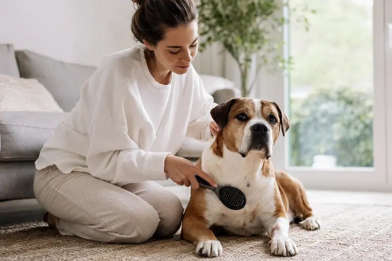 Ein Continental Bulldog wird in einer hellen Wohnung liebevoll gebürstet und gepflegt.