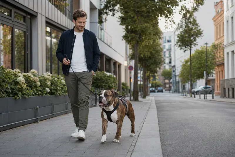 Ein Continental Bulldog läuft an der Leine mit seinem Besitzer durch eine moderne Stadtstraße und vermittelt Alltag mit Hund und Continental Bulldog in entspannter Umgebung.