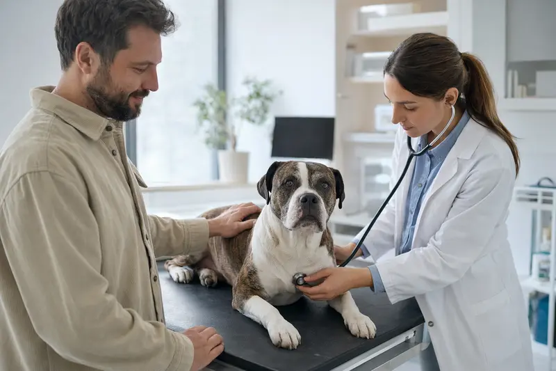 Ein Continental Bulldog wird von einer freundlichen Tierärztin auf einem Untersuchungstisch untersucht, während der Besitzer beruhigend danebensteht.