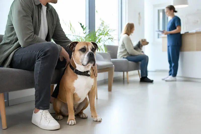 Ein Continental Bulldog sitzt ruhig neben seinem Besitzer im hellen Wartezimmer einer modernen Tierarztpraxis.