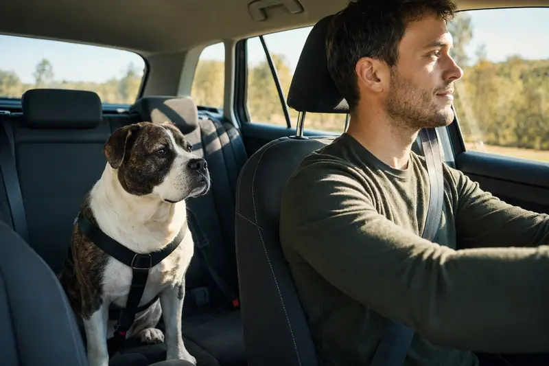 Ein Continental Bulldog sitzt angeschnallt auf der Rückbank eines Autos, während das Sonnenlicht durch das Fenster strahlt.