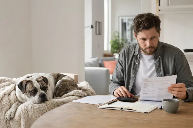 Besitzer sitzt mit einer Tierarztrechnung am Tisch, während ein entspannter Continental Bulldog auf einer Decke liegt – ein ruhiges Motiv zu Hundekrankenversicherung und Tierarztkosten.