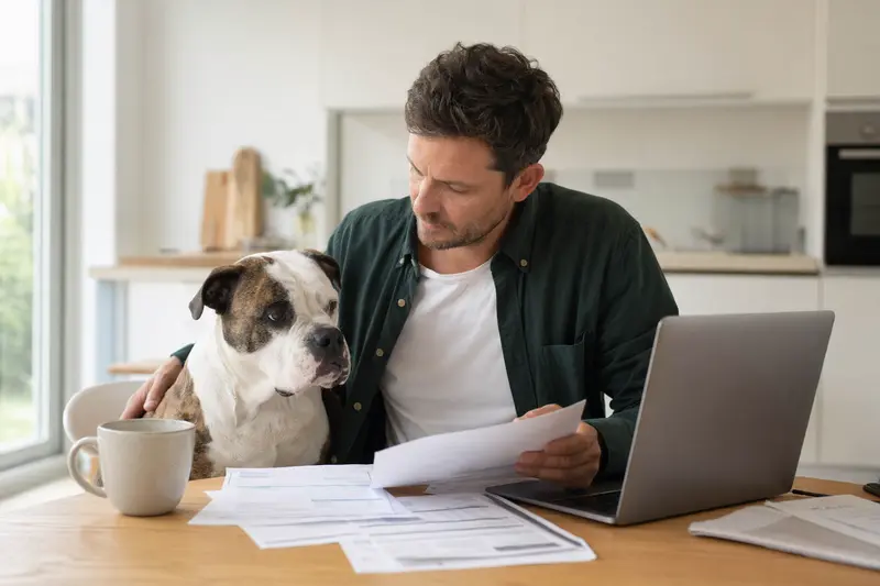 Ein Continental Bulldog Hund sitzt entspannt neben seinem Besitzer am Küchentisch, auf dem Versicherungsunterlagen und ein Laptop liegen.