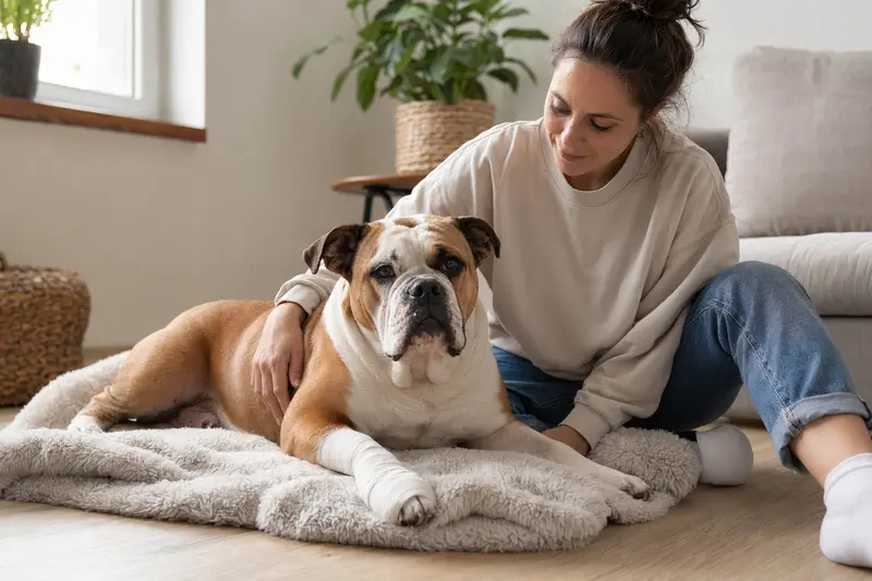 Ein Continental Bulldog entspannt mit einem leichten Verband an der Pfote auf einer Decke, während sein Besitzer beruhigt daneben sitzt.