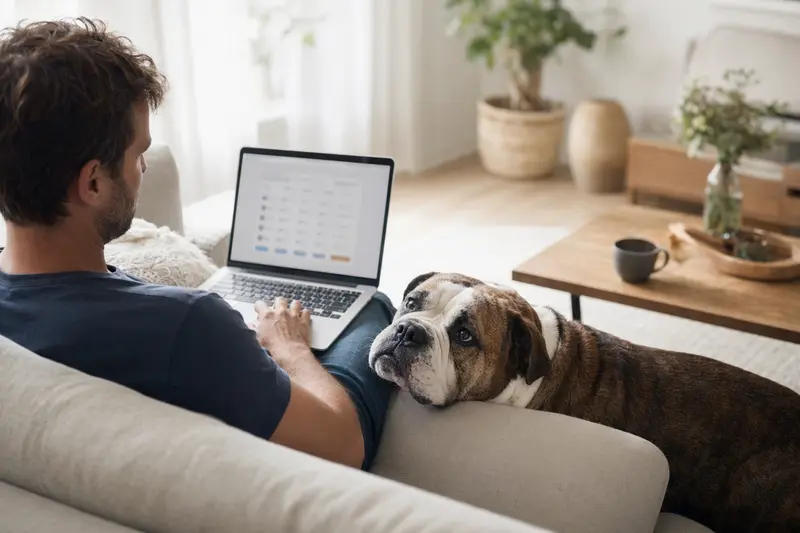 Besitzer arbeitet am Laptop auf dem Sofa, während ein Continental Bulldog daneben sitzt.