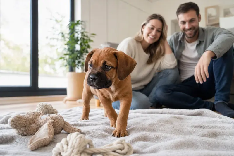 Ein junger Continental Bulldog Welpe erkundet neugierig sein neues Zuhause mit weicher Decke und Spielzeug, während die Familie im Hintergrund liebevoll zuschaut.