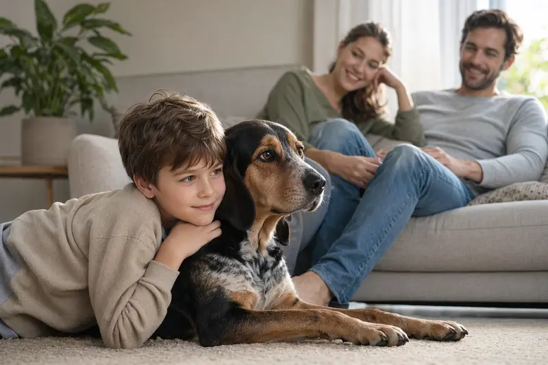 Ein entspannter Coonhound Hund liegt neben einem Kind in einem hellen Wohnzimmer.