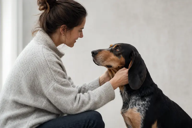 Ein aufmerksamer Coonhound steht in natürlicher Haltung vor hellem neutralem Hintergrund.