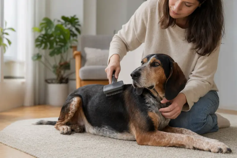 Ein Coonhound wird in einer hellen Wohnung sanft vom Besitzer gebürstet und gepflegt.