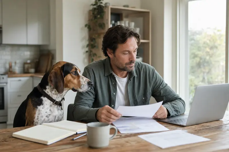 Ein Coonhound Hund sitzt ruhig neben seinem Besitzer am Küchentisch, wo Versicherungsunterlagen und ein Laptop liegen.