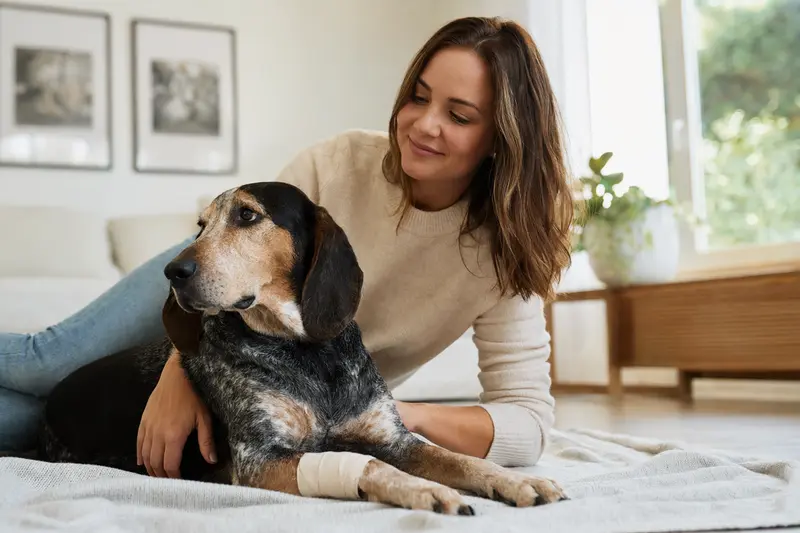 Ein Coonhound Hund mit einem leichten Verband an der Pfote liegt entspannt neben seinem erleichterten Besitzer auf einer Decke in einer freundlichen Wohnung.