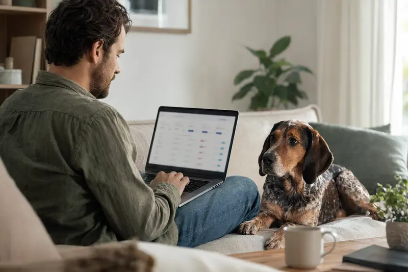 Besitzer mit Coonhound Hund auf dem Sofa, während er einen Laptop für den Versicherungsvergleich nutzt.