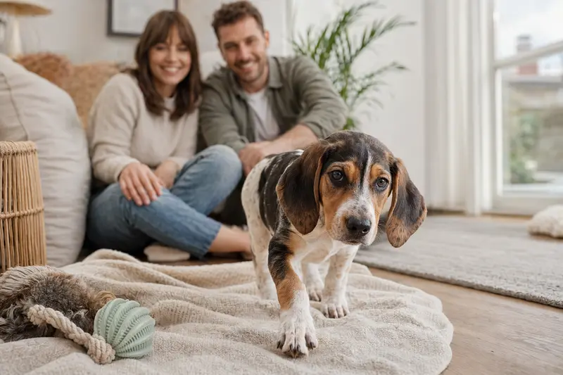 Ein neugieriger Coonhound Welpe entdeckt seine neue, gemütliche Umgebung mit Spielzeug und einer liebevollen Familie im Hintergrund.
