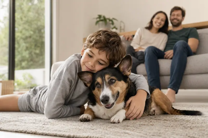 Ein entspannter Corgi Hund liegt neben einem Kind im Wohnzimmer und genießt die familiäre Atmosphäre.