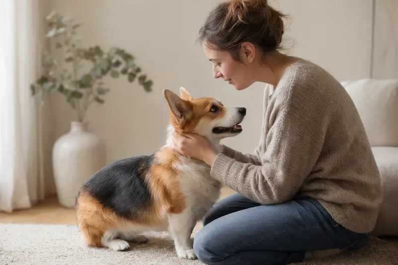 Aufmerksam stehender Corgi Hund im professionellen Tierportrait vor hellem, neutralem Hintergrund.