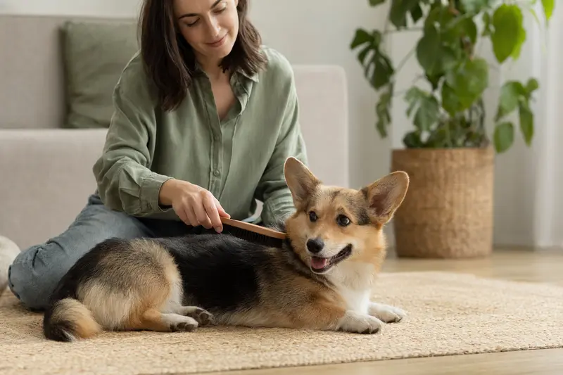 Ein Corgi wird zuhause von seinem Besitzer sanft gebürstet, was die regelmäßige Fellpflege und Verantwortung für die Hundegesundheit zeigt.