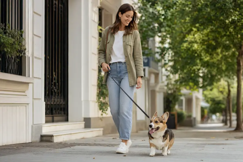 Ein Corgi läuft an der Leine mit seinem Besitzer durch eine freundliche moderne Stadtstraße im Alltag.