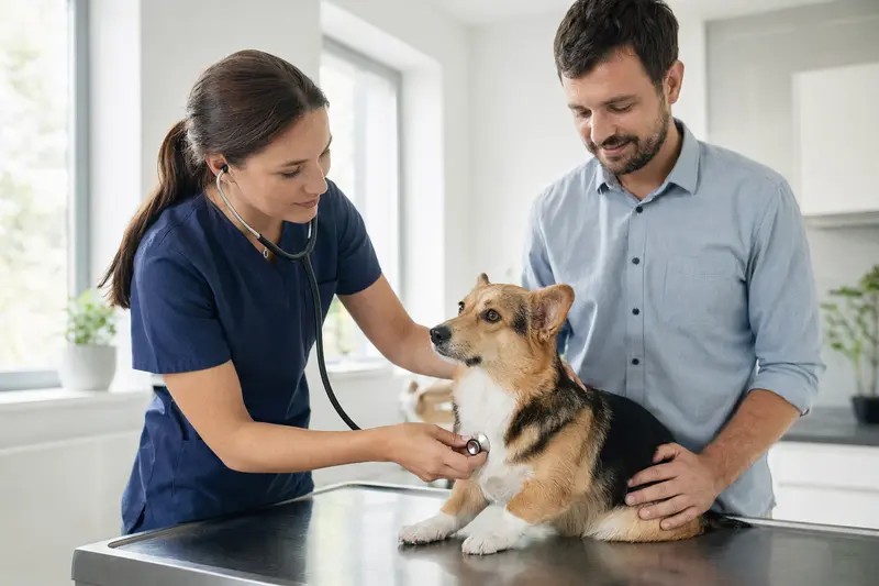Ein ruhiger Corgi auf einem Untersuchungstisch wird von einer freundlichen Tierärztin mit einem Stethoskop untersucht, während sein Besitzer beruhigend danebensteht.