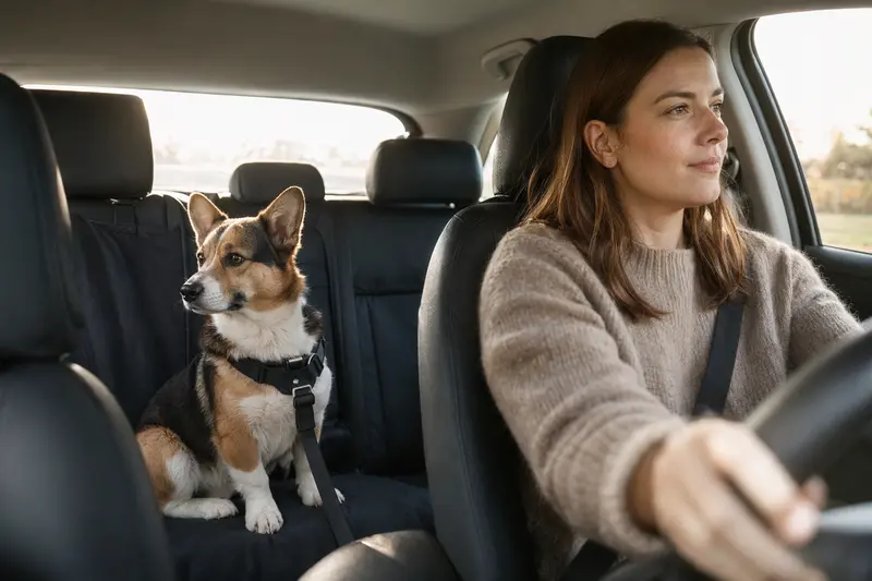 Ein sicher angeschnallter Corgi Hund sitzt auf der Rückbank eines Autos, während der Besitzer entspannt fährt.