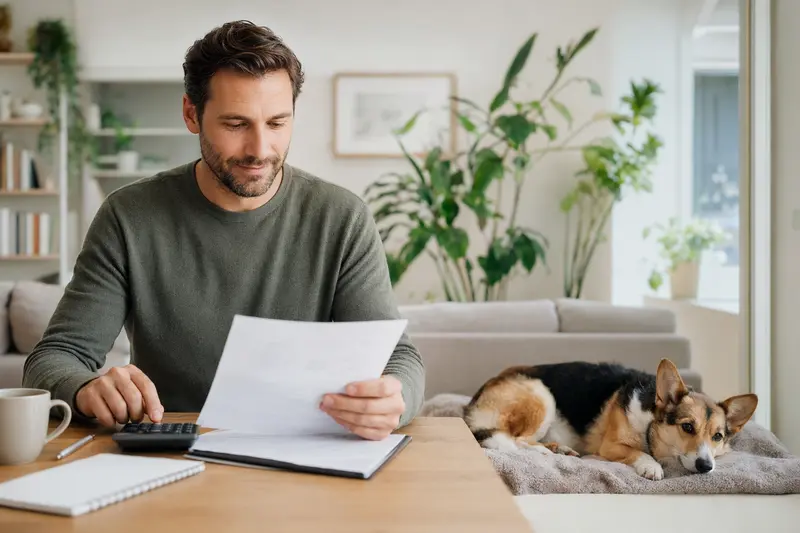 Ein Hundehalter sitzt mit einer Tierarztrechnung am Tisch, während ein entspannter Corgi auf einer Decke daneben liegt – ein ruhiges Bild zum Thema Tierarztkosten und Versicherung.