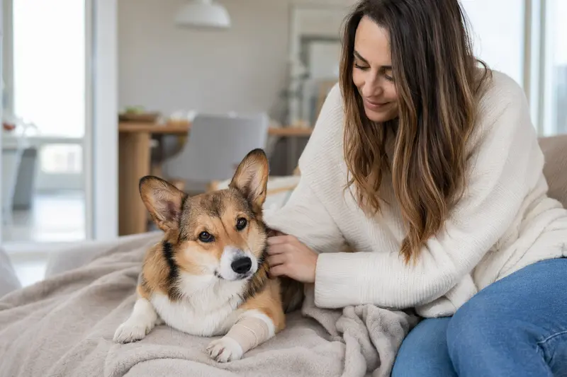 Ein Corgi Hund mit Verband an der Pfote liegt auf einer Decke, während sein besorgter Besitzer neben ihm sitzt.