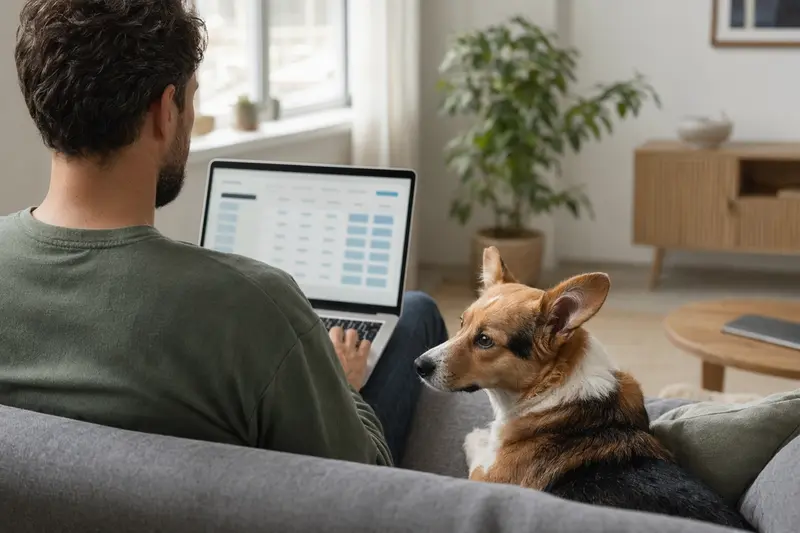 Ein Besitzer arbeitet am Laptop auf dem Sofa, während neben ihm ein Corgi Hund sitzt, was Sicherheit und eine unkomplizierte Entscheidung für eine Tierversicherung symbolisiert.