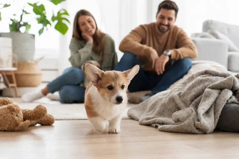Ein neugieriger Corgi Welpe entdeckt sein neues Zuhause mit einer weichen Decke und Spielzeug.