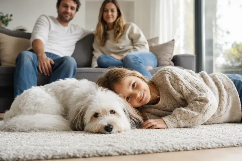 Ein entspannter Coton de Tulear Hund liegt neben einem Kind im Wohnzimmer.