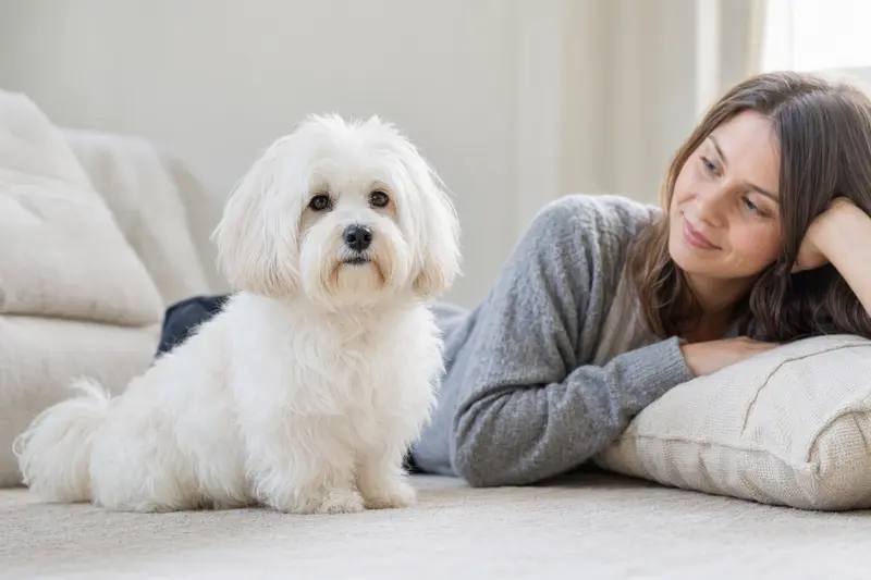 Ein aufmerksam stehender Coton de Tulear Hund vor hellem Hintergrund in einem realistischen Hundeportrait.