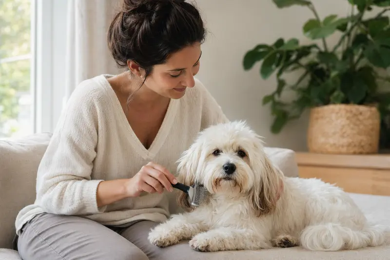 Ein Coton de Tulear wird zuhause sanft gebürstet, während sich der Besitzer liebevoll um die Fellpflege kümmert.
