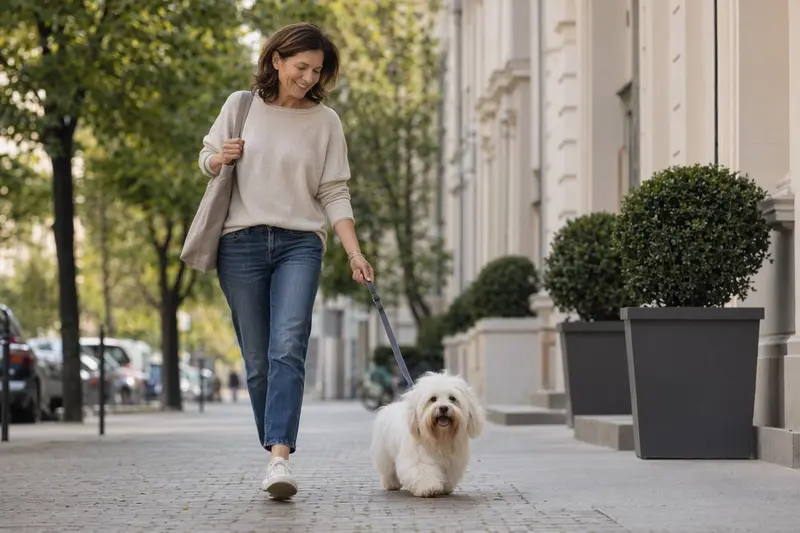 Ein Coton de Tulear läuft an der Leine mit seinem Besitzer durch eine moderne Stadtstraße.
