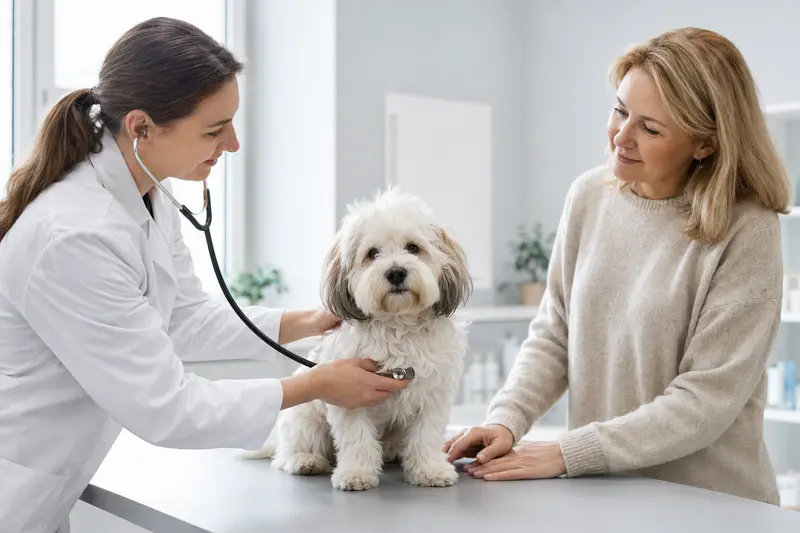 Ein Coton de Tulear Hund wird von einer Tierärztin in einer hellen, modernen Praxis mit einem Stethoskop untersucht, während sein Besitzer beruhigend danebensteht.