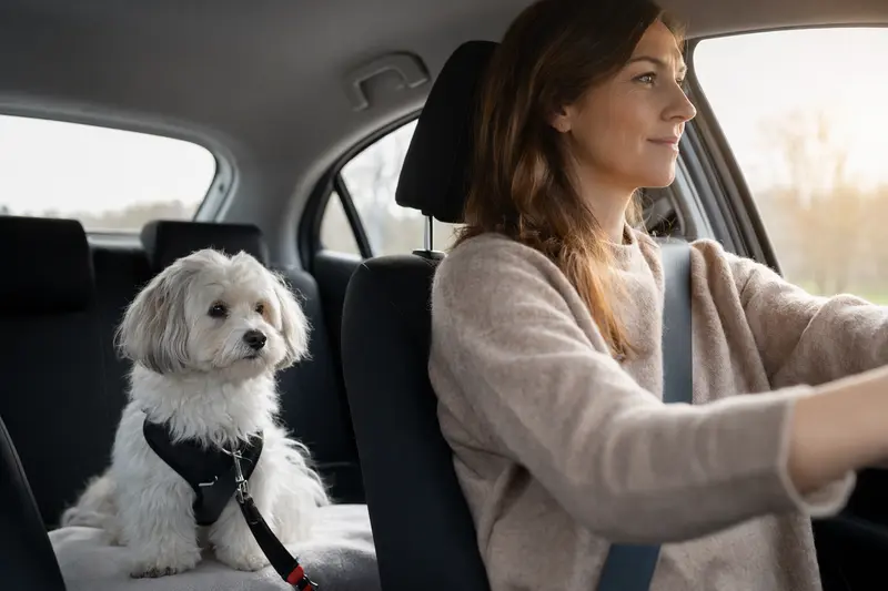 Ein sicher angeschnallter Coton de Tulear Hund auf der Rückbank eines Autos, während der Besitzer ruhig fährt und Sonnenlicht durch das Fenster strömt.