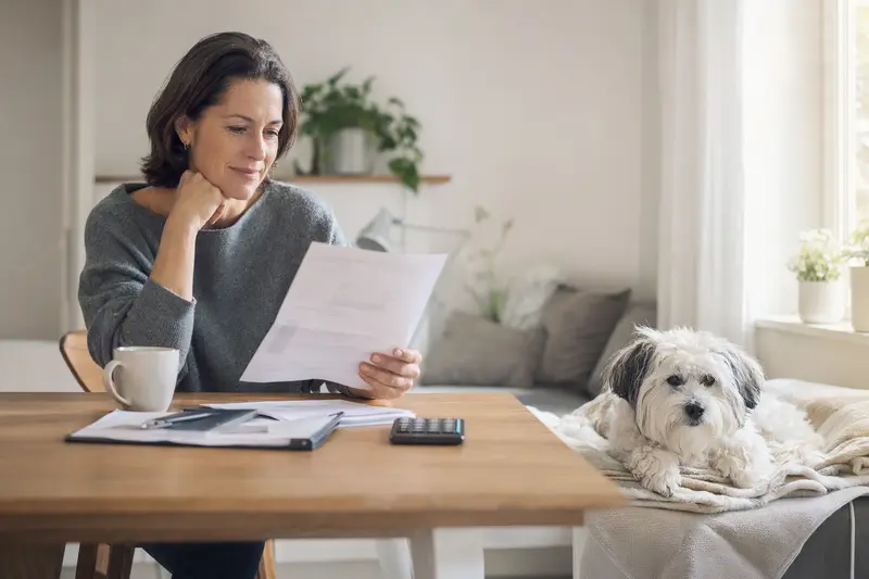Ein Hundebesitzer sitzt mit einer Tierarztrechnung am Tisch, während ein Coton de Tulear entspannt auf einer Decke liegt – ein ruhiges Motiv zum Thema Tierarztkosten und Hundekrankenversicherung.