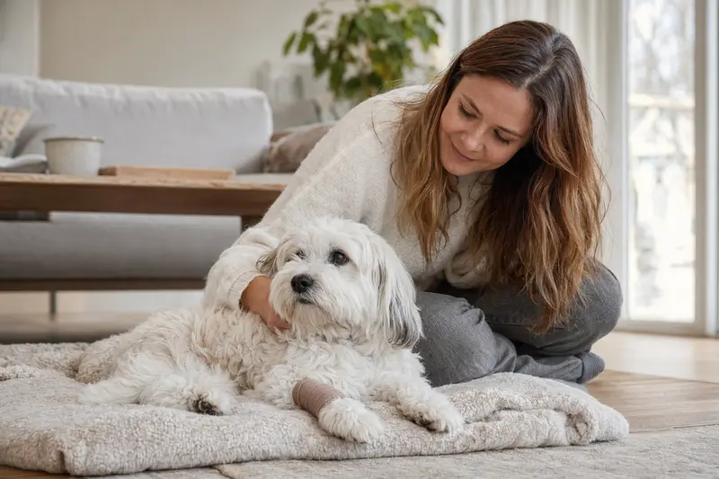 Ein Coton de Tulear liegt mit einem leichten Verband an der Pfote auf einer Decke, während sein erleichterter Besitzer neben ihm sitzt.