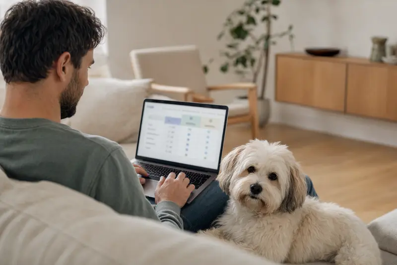 Ein Hundebesitzer sitzt mit Laptop auf dem Sofa, während ein Coton de Tulear daneben liegt, auf dem Bildschirm ist eine neutrale Versicherungsvergleichsseite zu sehen.