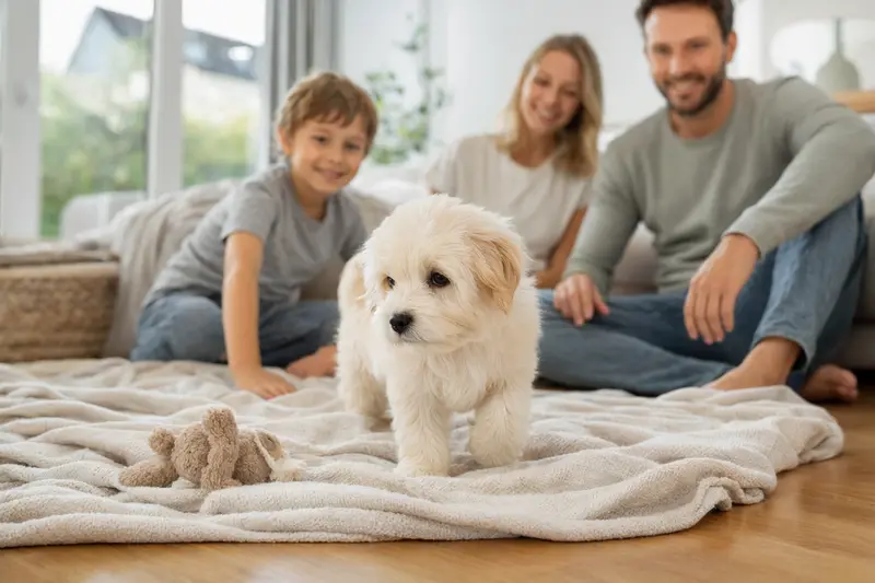 Ein neugieriger Coton de Tulear Welpe entdeckt sein neues Zuhause mit einer weichen Decke und Spielzeug.
