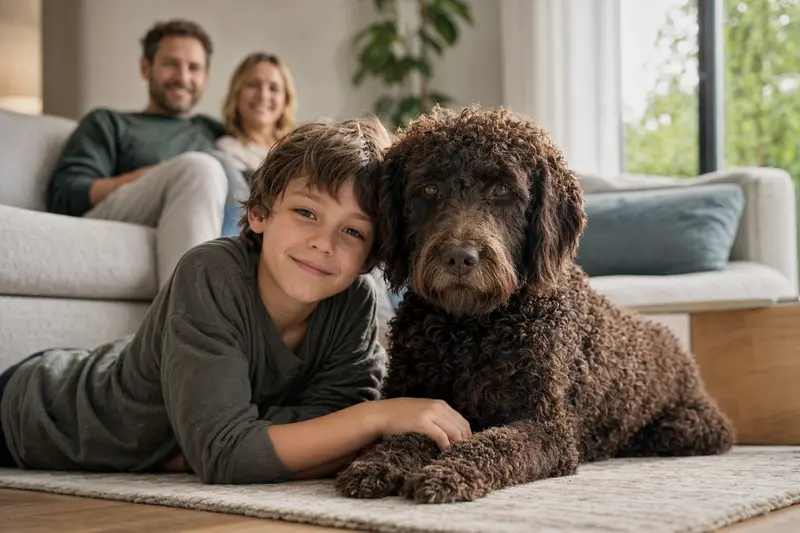 Ein freundlicher Curly-Coated Retriever entspannt neben einem Kind in einem liebevollen Wohnzimmer.