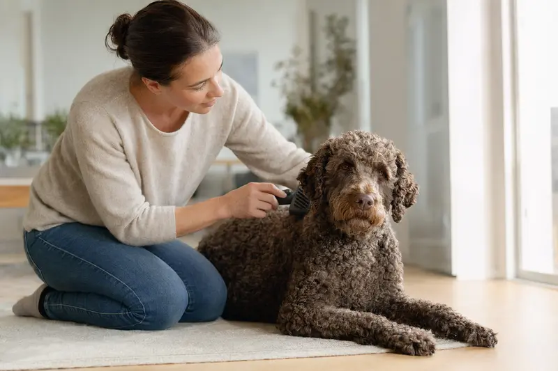 Ein Curly-Coated Retriever wird in einer hellen Wohnung sanft gebürstet, während sein Besitzer die Fellpflege liebevoll übernimmt.