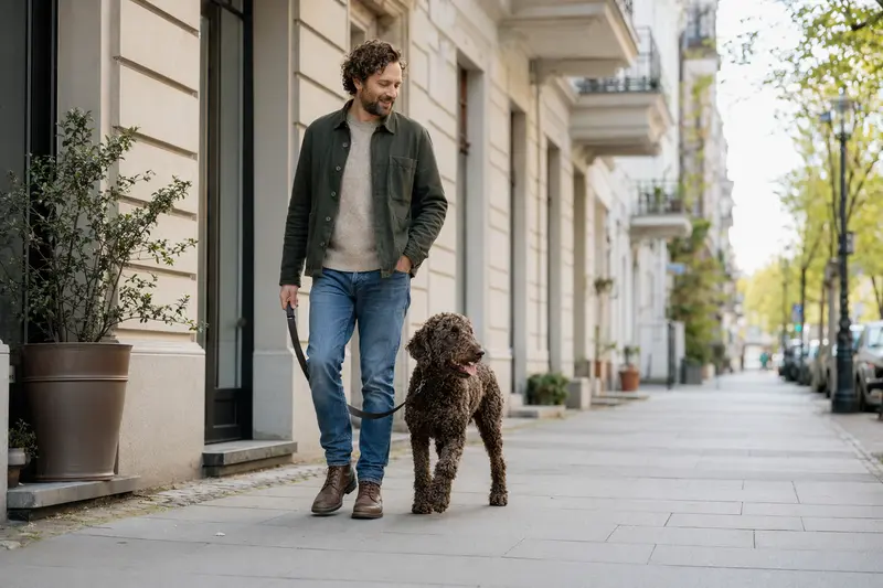 Ein Curly-Coated Retriever läuft an der Leine mit seinem Besitzer durch eine freundliche moderne Stadtstraße.